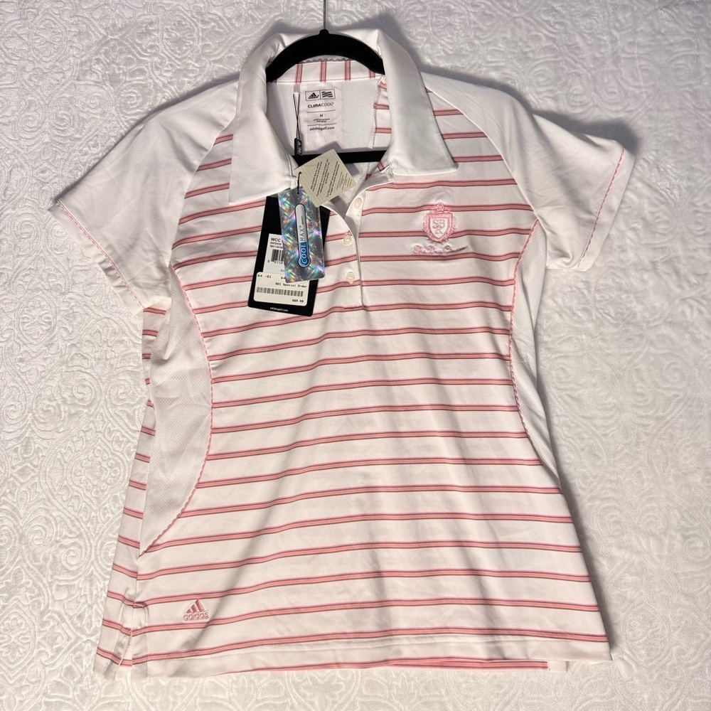 Adidas Women’s ClimaCool Golf Polo Shirt Size M White Pink Striped New with Tags - Picture 1 of 10
